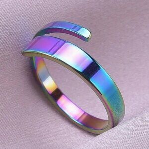 Rainbow Ombre Holographic Cuff Ring Adjustable Stainless Steel Plated